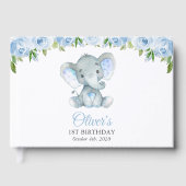 Elephant, Blue Waterverf Flowers, First Birthday Gastenboek (Voorkant)