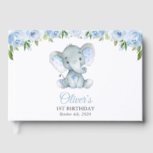 Elephant, Blue Waterverf Flowers, First Birthday Gastenboek (Voorkant)