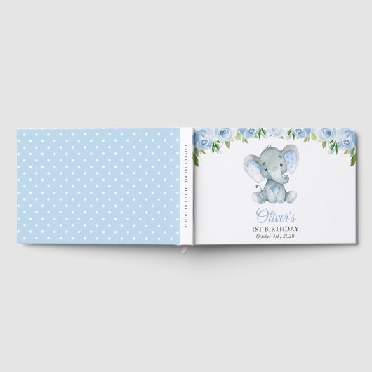 Elephant, Blue Waterverf Flowers, First Birthday Gastenboek (Volledig)