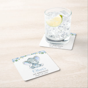Elephant, Blue Waterverf Flowers, First Birthday Kartonnen Onderzetters