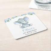 Elephant, Blue Waterverf Flowers, First Birthday Kartonnen Onderzetters (Schuin)