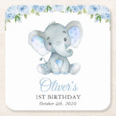 Elephant, Blue Waterverf Flowers, First Birthday Kartonnen Onderzetters (Voorkant)