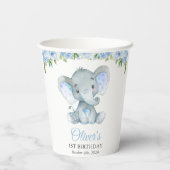 Elephant, Blue Waterverf Flowers, First Birthday Papieren Bekers (Achterkant)