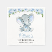 Elephant, Blue Waterverf Flowers, First Birthday Servet (Voorkant)
