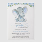 Elephant, Blue Waterverf Flowers, First Birthday Vellum Uitnodigingen (Voorkant)
