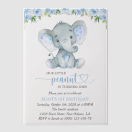 Elephant, Blue Waterverf Flowers, First Birthday Vellum Uitnodigingen