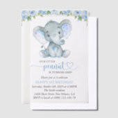 Elephant, Blue Waterverf Flowers, First Birthday Vellum Uitnodigingen (Offset)