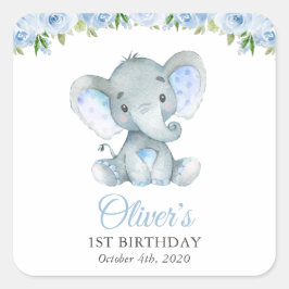 Elephant, Blue Waterverf Flowers, First Birthday Vierkante Sticker
