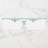 Elephant, Blue Waterverf Flowers, First Birthday Waterfles Etiket (Enkel label)