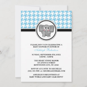 Elephant Blue & White Houndstooth Baby shower Kaart