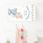 Elephant Blush Blue Star Happy 1 Birthday Banner (Insitu)