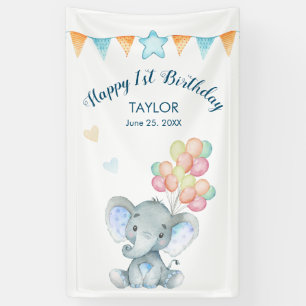 Elephant Blush Blue Star Happy 1 Birthday Banner