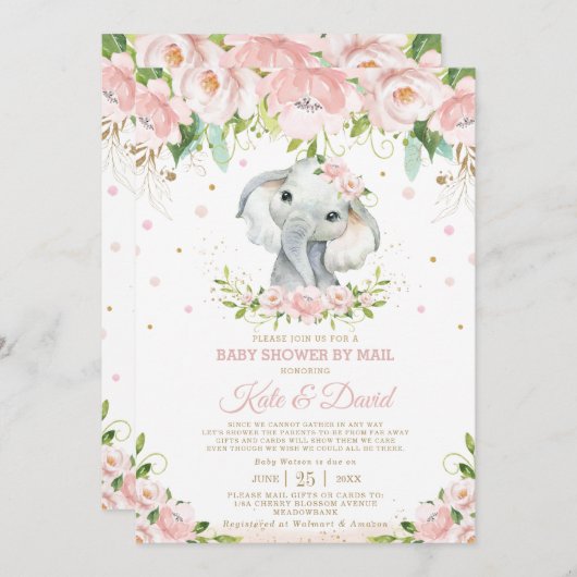 Elephant Blush Floral Virtual Baby shower by Mail Kaart (Voorkant / Achterkant)
