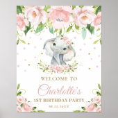 Elephant Blush Pink Floral 1e verjaardag Welkom Poster (Voorkant)