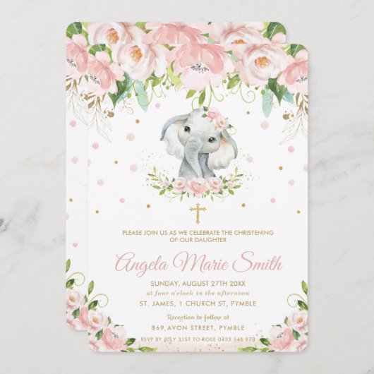 Elephant Blush Pink Floral Baptisme Christening Kaart (Voorkant / Achterkant)