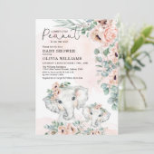 Elephant Blush Pink Floral Greenery Baby shower Kaart (Staand voorkant)
