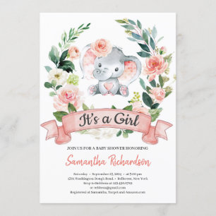 Elephant Blush Pink Floral Rustic Het is een meisj Kaart