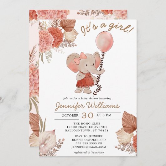 Elephant Boho Floral Baby shower Girl Kaart (Voorkant / Achterkant)