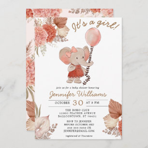 Elephant Boho Floral Baby shower Girl Kaart