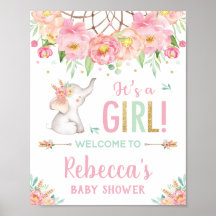 Elephant Boho Pink Floral Baby shower Girl Welkom
