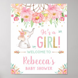 Elephant Boho Pink Floral Baby shower Girl Welkom Poster
