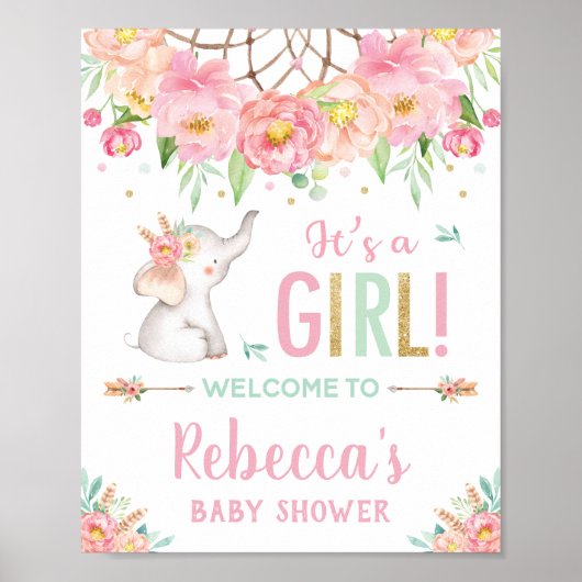 Elephant Boho Pink Floral Baby shower Girl Welkom Poster (Voorkant)