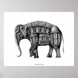Elephant Bouw inkt zwarte en witte tekening Poster