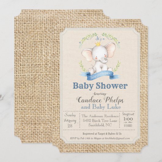 Elephant Boy Baby shower Invitation Kaart (Voorkant / Achterkant)