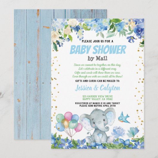 Elephant boy baby shower per post blauwe floral kaart (Voorkant / Achterkant)
