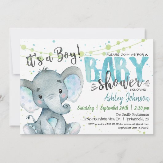 Elephant Boy Baby shower uitnodiging blauw en groe (Voorkant)