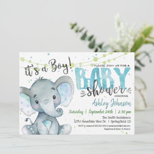 Elephant Boy Baby shower uitnodiging blauw en groe (Staand voorkant)