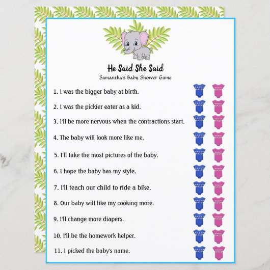 Elephant Boy Baby shower zei dat ze het spel zei (Voorkant / Achterkant)