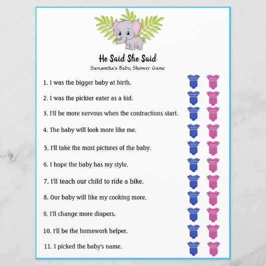 Elephant Boy Baby shower zei dat ze het spel zei (Voorkant)