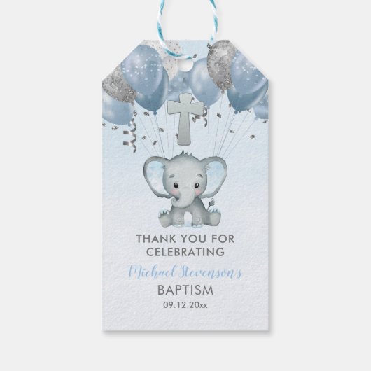 Elephant Boy Balloons Baptisme Dank u Cadeaulabel (Achterkant)