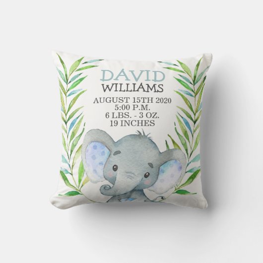 Elephant Boy Birth Stats Oerwoud Safari Nursery Kussen (Voorkant)