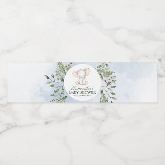 Elephant Boy Blue Greenery Baby shower Waterfles Etiket (Enkel label)