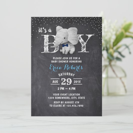 Elephant Boy Rustic Chalkboard Baby shower Kaart (Staand voorkant)