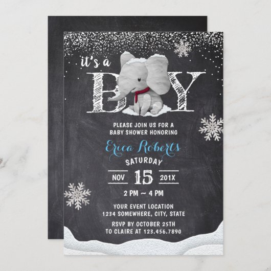 Elephant Boy Rustic Winter Snowflakes Baby shower Kaart (Voorkant / Achterkant)