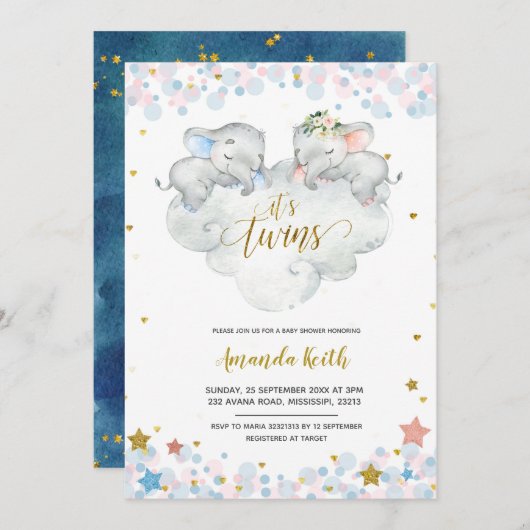 Elephant Boy Twins Baby shower Invitation Kaart (Voorkant / Achterkant)