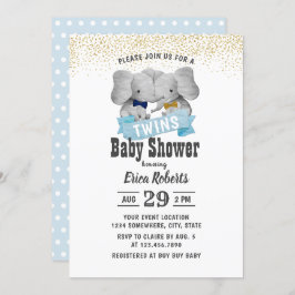 Elephant Boy Twins Gold Confetti Baby shower Kaart