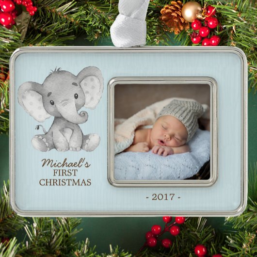 Elephant Boys Babys Eerste Kerstmis Foto Ornament