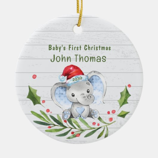 Elephant Boys Baby's Eerste Kerstmis Gepersonalise Keramisch Ornament (Voorkant)