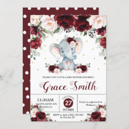 Elephant Burgundy Blush Floral Baby shower Girl Kaart