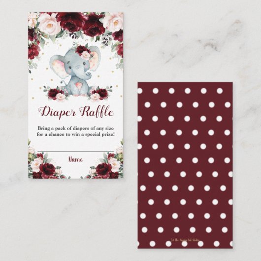 Elephant Burgundy Blush Floral Diaper Raffle Baby Informatiekaartje (Voorkant / Achterkant)