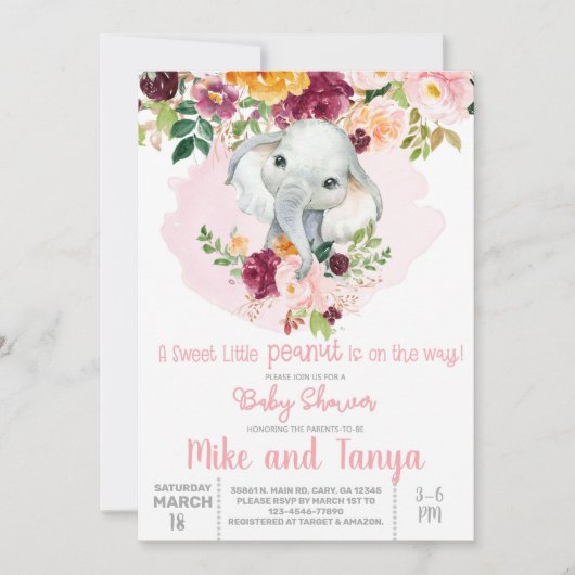 Elephant & burgundy flower baby shower-uitnodiging kaart (Voorkant)