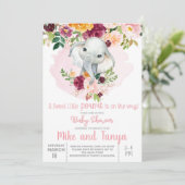 Elephant & burgundy flower baby shower-uitnodiging kaart (Staand voorkant)
