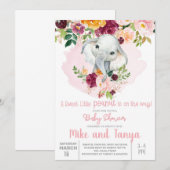 Elephant & burgundy flower baby shower-uitnodiging kaart (Voorkant / Achterkant)
