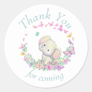 Elephant Butterflies Baby shower Dank u wel Ronde Sticker