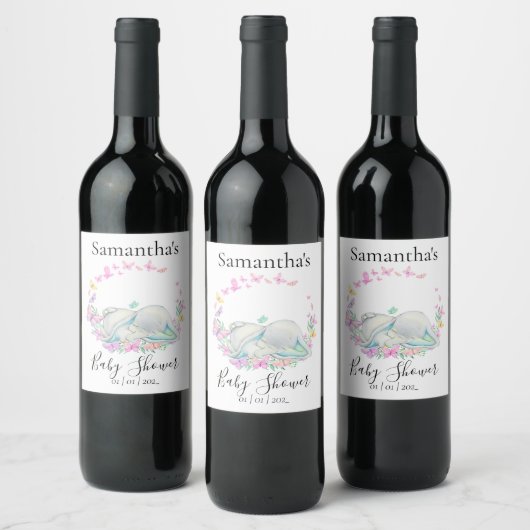Elephant Butterflies Baby shower Wine Label Wijn Etiket (Flessen)