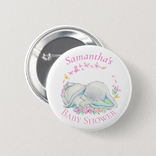 Elephant Butterflies Blue Baby shower Button (Voorkant /achterkant)